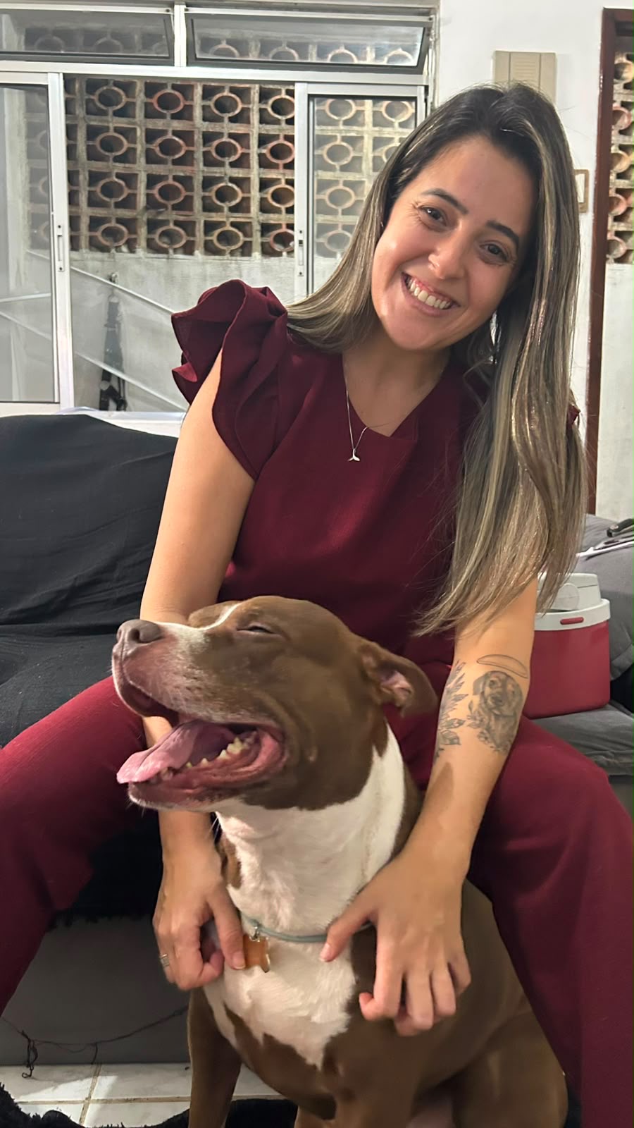 M.V. Nathana Carregoza acariciando um cachorro grande marrom e branco durante atendimento em casa